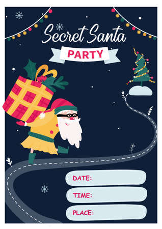 Secret Santa invitation template with santa and box. Christmas Santa in mask for party with presents on dark background. Vertical flyer for Christmas event.のイラスト素材