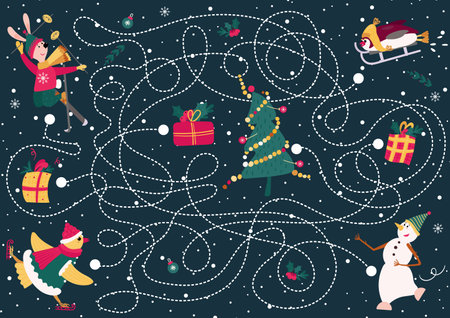 Winter kids maze. Find out who will get what gift. Sports cute animals in children labyrinth. Game for elementary kids with riddle.のイラスト素材