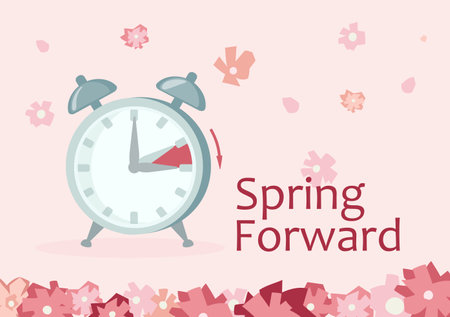 Clock Forward in Spring. Advancing for Daylight Saving time. Alarm Clock to go to Summertime, one hour change.のイラスト素材