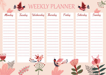 Weekly planner with geometric birds. Schedule for a week with Abstract flowers. Spring Printable timetable in pink color. Daily Memo on week for education, business.のイラスト素材
