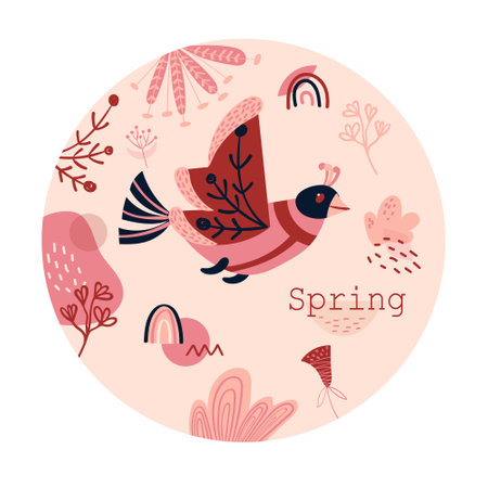 Label with geometric bird. Spring Sticker with pink shapes, rainbow, flower. Emblem with abstract decorative floral elements.のイラスト素材