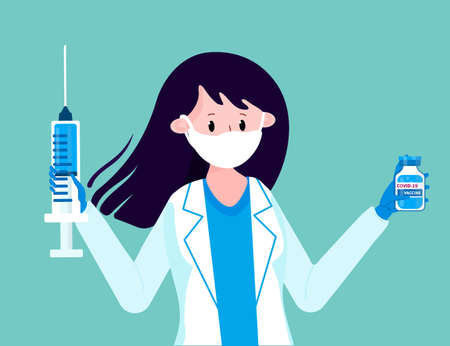 Covid 19 bottle of vaccine in doctor hands. Nurse in protection mask with syringe ready to make injection of coronavirus vaccine. Treatment of coronavirus, healthcare concept.のイラスト素材