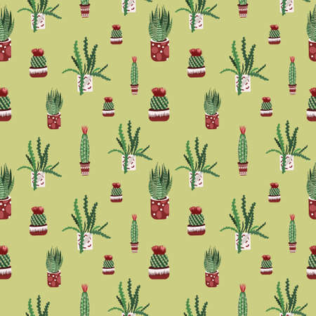Seamless Pattern with blooming cactus. Floral print with peru plants. Aloe vera and cacti in pots. Trendy botanic background in Vector for fabric, wallpaper.の写真素材