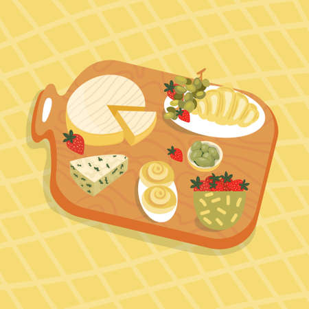 Wooden board with food at picnic. Cheese Brie, Dor Blue with Olives, Croissant for Breakfast. Strawberry, rolls with cinnamon in summer party.のイラスト素材