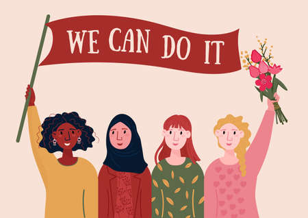 We can Do it. International Womens Day, 8 March. Feminist poster with Afro American, Arabian, European girls. International sisterhood for freedom and empowerment. Inspiration for solidarity.のイラスト素材