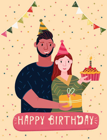 Young couple celebrate Happy Birthday. Man and Woman with cake, cocktail hat are in the Party. Family presents gift. Design template Greeting card for Anniversary.のイラスト素材