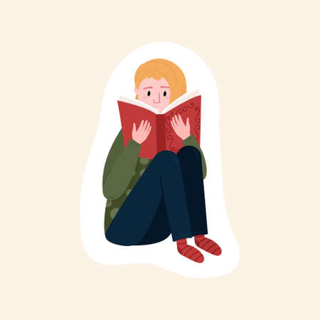 Woman sit and read book. Distance learning and self education concept. Sticker of Reader with novel. Girl prepares to exams. Student studying with textbook. Sticker of Female who holds book.のイラスト素材