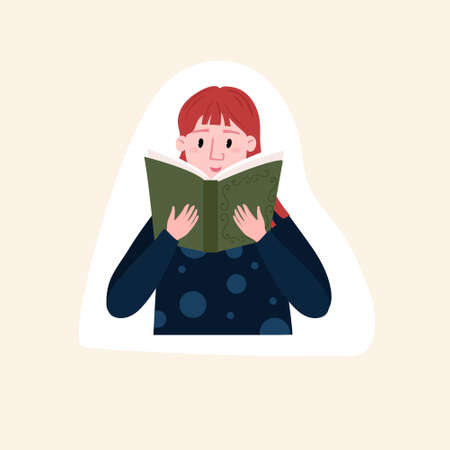 Girl is reading book. Sticker of studying Student. Female reader with novel. Woman hold book. Distance learning and self education concept.のイラスト素材