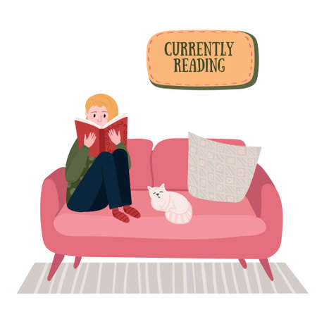 Teen sit in the sofa with cat and reading book. Distance learning and self education concept. Currently reading text. Reader with novel. Girl prepares to exams. Student studying with textbook.のイラスト素材