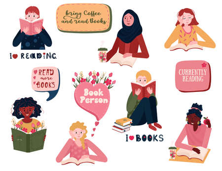 Set of reading young women. Bundle of female student prepare to exam. Multinational people are book lovers. Distance learning and self education concept. Stickers of Girls Readers with books.のイラスト素材