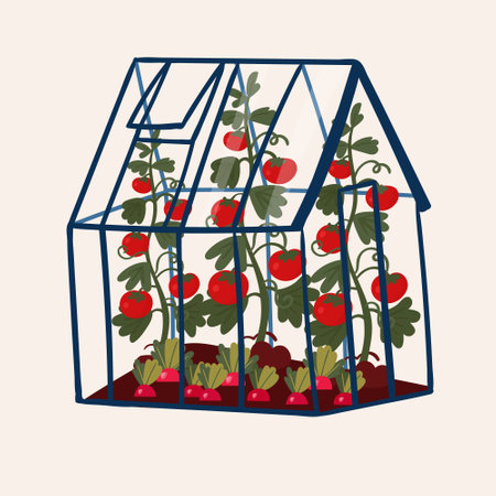 Greenhouse with Tomato and Radish. Local Vegetables in orangery. Eco harvest in glasshouse. Organic plant in pavilion in farm.のイラスト素材