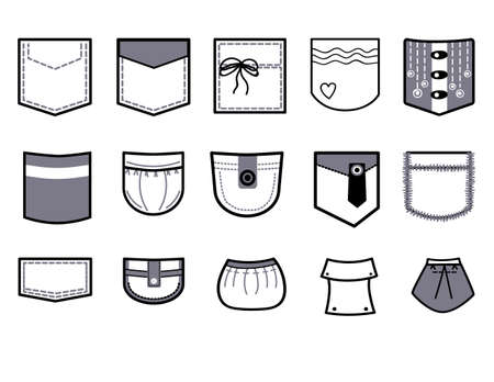 Set of Pocket for shirt, jeans. Patch of elements for denim clothes with stitch, button, pleat. Pockets icon for uniform apparel. Bundle of Fashion lineのイラスト素材