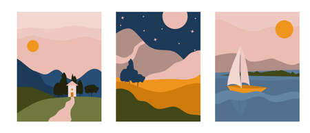 Triptych abstract boho Landscape with house, Mountain. Aesthetic Minimal nature European background with sun, sky, trees. Poster with Sailboat, moon. Printable Silhouette for decor wall in room.のイラスト素材