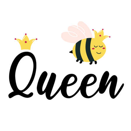 Queen Bee with cute crown. Kawaii Buzz honeybee. Bumblebee in cartoon style. Yellow insect with...