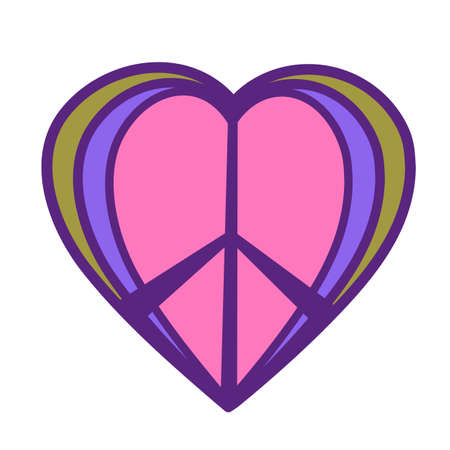 Heart with peace symbol in psychedelic style. Hippie isolated art of 70s. Retro love label.のイラスト素材