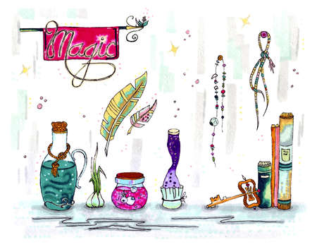 Potion in a bottle, pointer magic, creature chemistry, fantasy game illustration in watercolor and markers.の写真素材