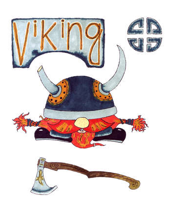 Vikings illustration weapon ax lettering symbol, viking protection knotの写真素材