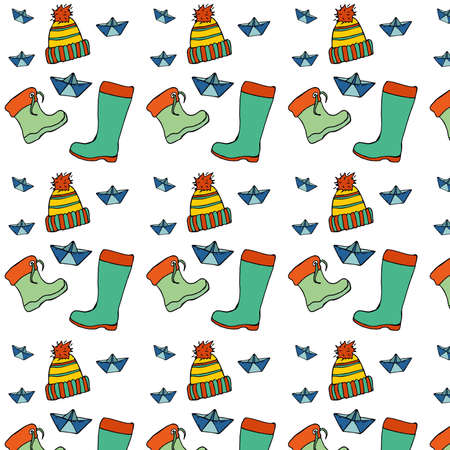 Autumn doodle drawing. Walk in the rain. Background, line drawing. Umbrellas, clothes, rain, clouds and clouds. paper boat. Spices and hot tea. Twigs and leaves. Cold weather, dampness and wind vectorのイラスト素材