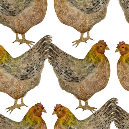 Decorative brown watercolor chickens, seamless pattern on a white backgroundの写真素材