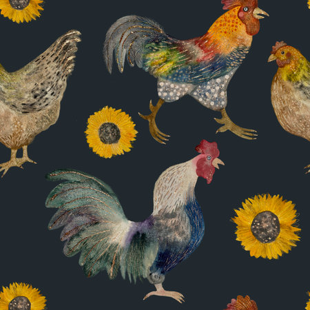 Decorative colorful multi-colored roosters, chicken and yellow sunflowers, watercolor seamless patternの写真素材