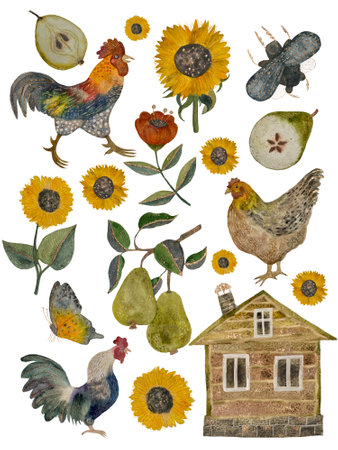 Country rural life. Large set of watercolor isolated elements on a white backgroundの写真素材
