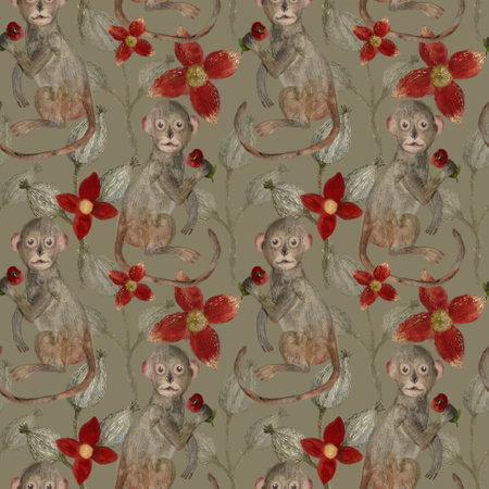 Cute monkeys with flower in their foot and red flowers, decorative watercolor seamless pattern on dark beige backgroundの写真素材