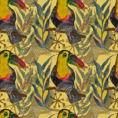 Large Colorful Toucan Birds and Tropical Plant, Seamless Watercolor rainforest Pattern on yellow Backgroundの写真素材