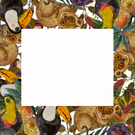 Tropical watercolor Wildlife Frame with Exotic Birds and Animals, lush greenery, and vibrant colorsの写真素材