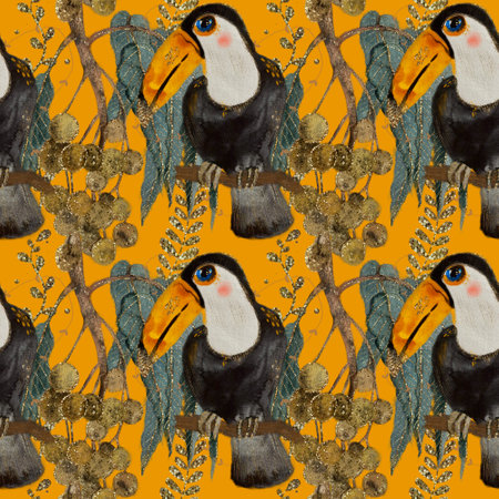 Large Colorful Toucan Birds and Tropical Plant, Seamless Watercolor rainforest Pattern on dark yellow Backgroundの写真素材