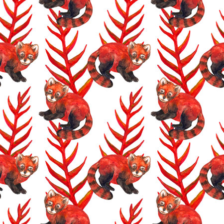 Seamless watercolor pattern. Hyperrealistic nature of the tropics of Asia - red panda and red plantの写真素材