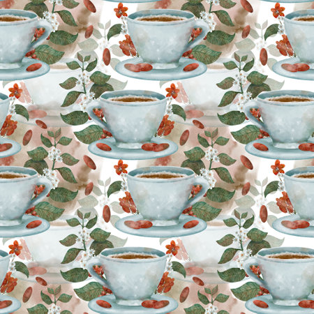 Pattern with coffee cups, leaves, and flowers, perfect for creating a calming designの写真素材
