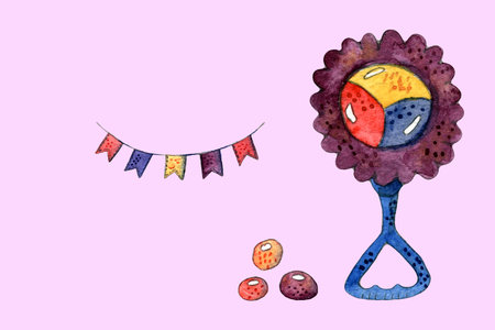 Colorful Baby Rattle for Baby Shower or Kids Party with whimsical toy illustrationの写真素材