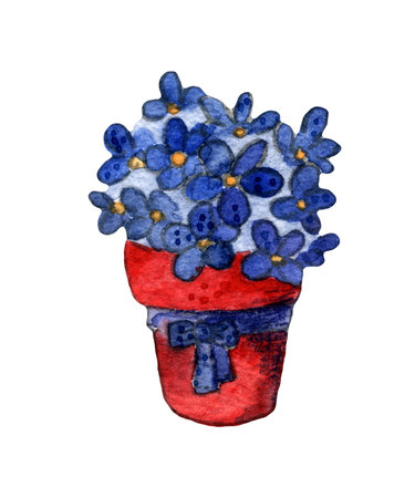 Red pot overflowing with blue flowers on white background in the imageの写真素材