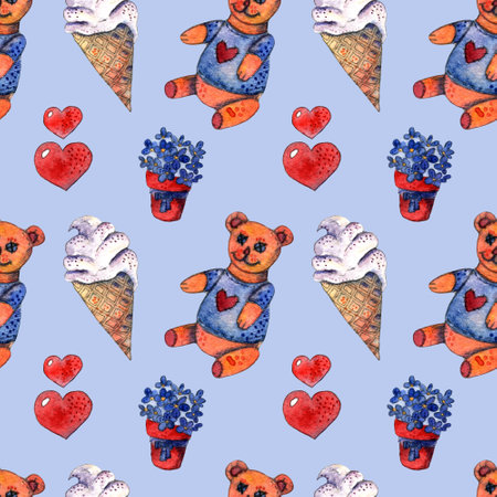 Teddy bears and ice cream cones create a playful and sweet design themeの写真素材