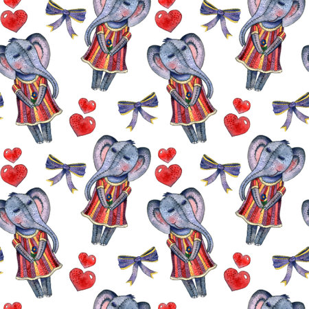 Elephants in cute dresses with bows and hearts in a whimsical patternの写真素材