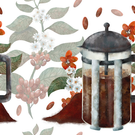 Seamless pattern featuring French press, coffee grounds, beans, and floral accents in watercolor style. Digital art on a white background, for printing on fabric and paper.の写真素材