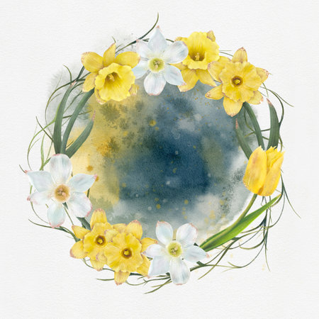 Delicate digital watercolor floral wreath featuring yellow and white flowers, including daffodils and tulips, for the design of a booklet, flyer, e-pack, label or advertisement. Digital art.の写真素材