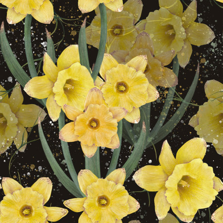 Vibrant yellow daffodils stand out beautifully against a dark background, showing creative and artistic design. Digital art for printing on fabric and paper.の写真素材