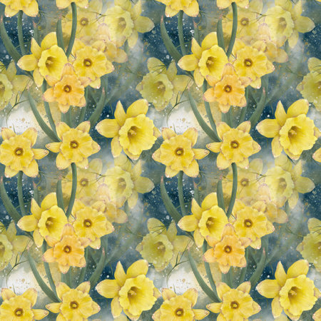 Elegant pattern with vibrant yellow daffodils on a textured background, perfect for a chic and stylish design concept. Digital art for printing on fabric and paper.の写真素材