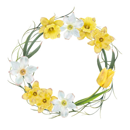 Beautiful floral wreath made of yellow and white flowers with lush green leaves on a white background. Isolated object on a white background for the design of a booklet, flyer, e-pack, label or advertisement. Digital art.の写真素材