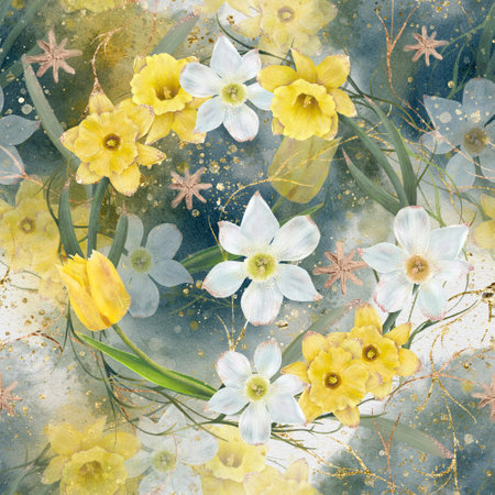 Artistic Spring Wreath with Yellow and White Flowers, inspired by natures beautyの写真素材