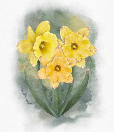 Digital artwork with vibrant watercolor daffodils, showcasing natures beauty through floral artの写真素材