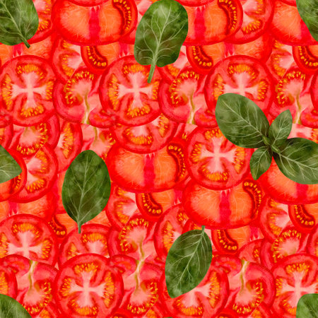 Vibrant Tomato and Basil Pattern Fresh and Healthy Texture Design for culinary themesの写真素材