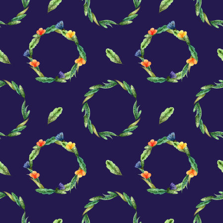 Watercolor wildflowers. Seamless pattern with wreaths of yellow and orange flowers on a dark blueの写真素材