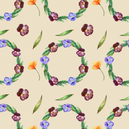 Watercolor wildflowers. Seamless pattern with wreaths of pansies and orange flowers on a beigeの写真素材