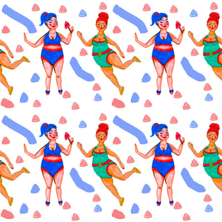 Chubby girls in bathing suits on the beach. Drawing with markers.の写真素材