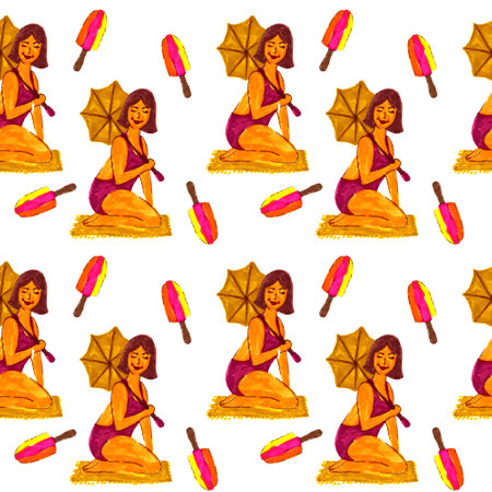Chubby girl in a swimsuit on the beach and ice cream. Seamless pattern.の写真素材