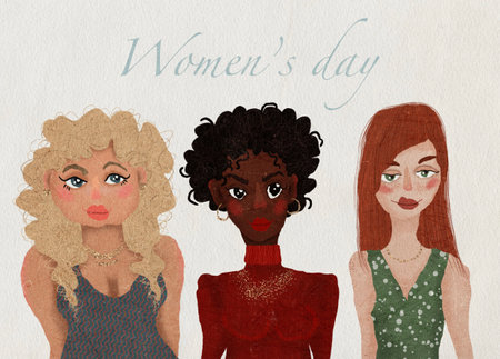 Illustration of three women from different ethnicities celebrating Womens Day together with solidarity and joyの写真素材