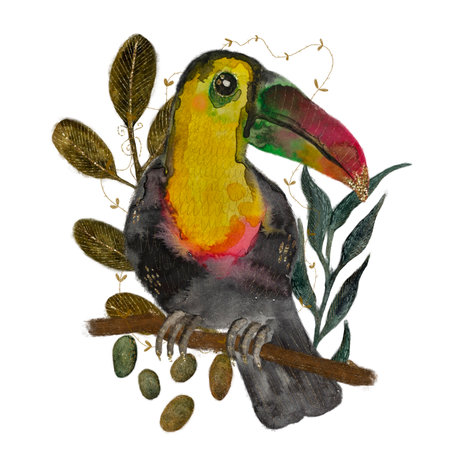 A toucan on a branch surrounded by tropical leaves in a vibrant watercolor style, with colorful and detailed artistryの写真素材