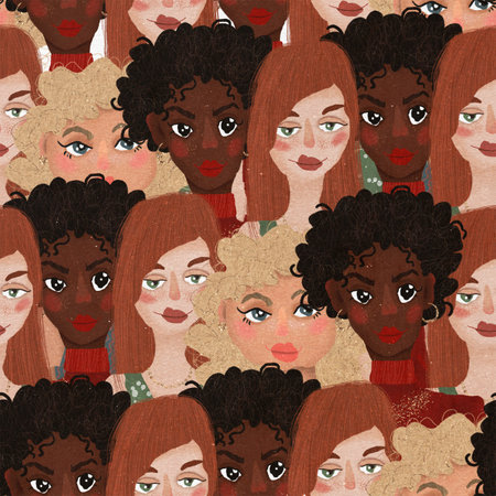 The artwork features a seamless pattern design with a variety of diverse women portrayed in unique and vibrant waysの写真素材
